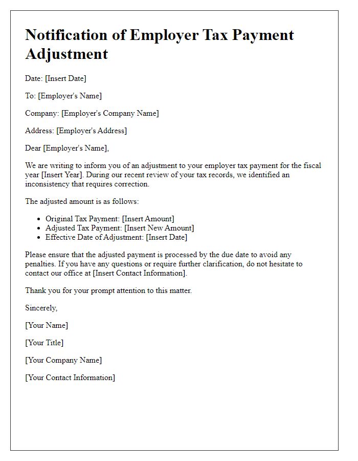 Letter template of notification of employer tax payment adjustment