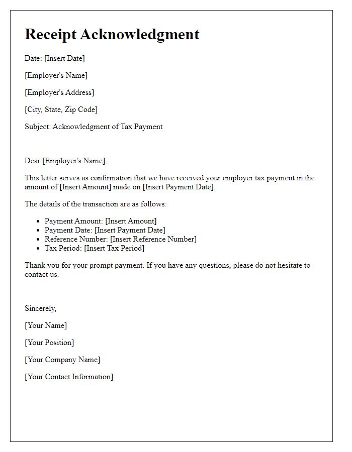 Letter template of receipt acknowledgment for employer tax payment