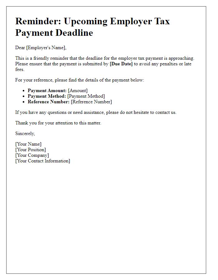 Letter template of reminder for employer tax payment deadline