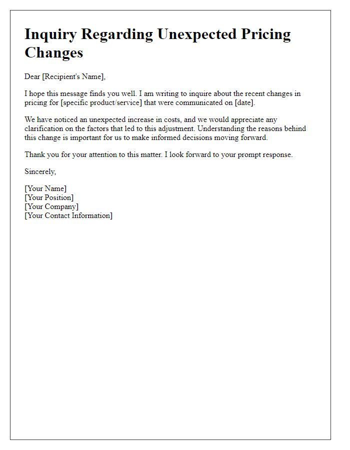 Letter template of inquiry about unexpected pricing changes