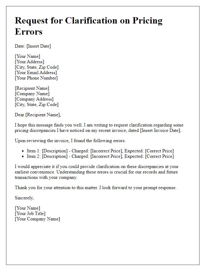 Letter template of request for clarification on pricing errors