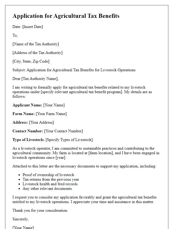 Letter template of agricultural tax benefit application for livestock operations