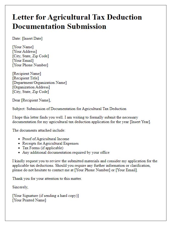 Letter template of agricultural tax deduction documentation submission