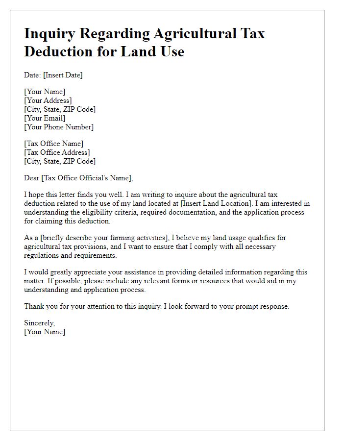 Letter template of agricultural tax deduction inquiry for land use