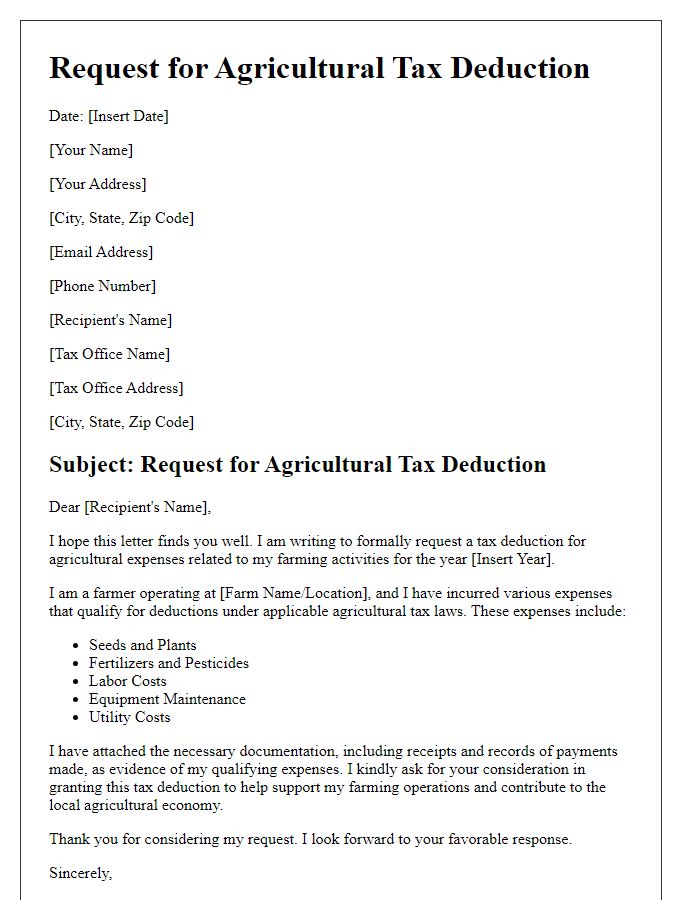 Letter template of agricultural tax deduction request for farmers