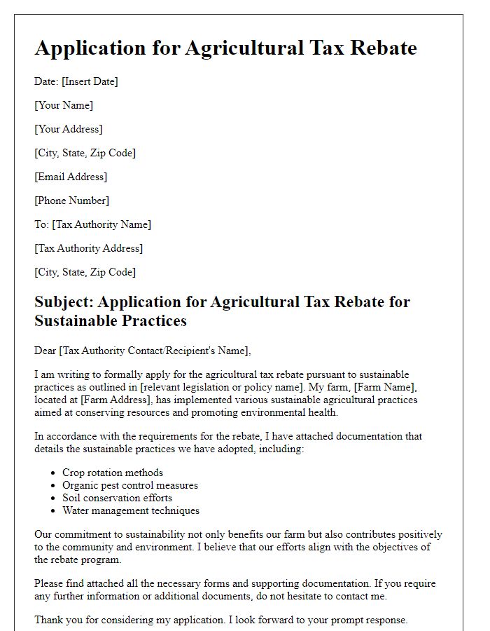 Letter template of agricultural tax rebate application for sustainable practices