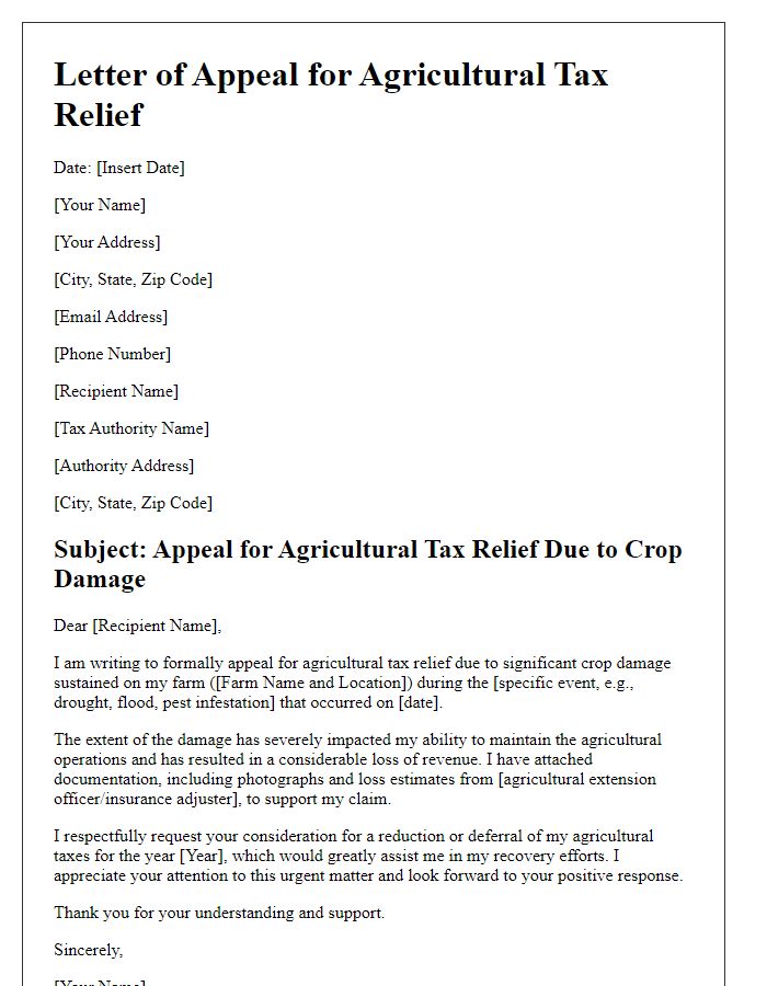 Letter template of agricultural tax relief appeal for crop damage