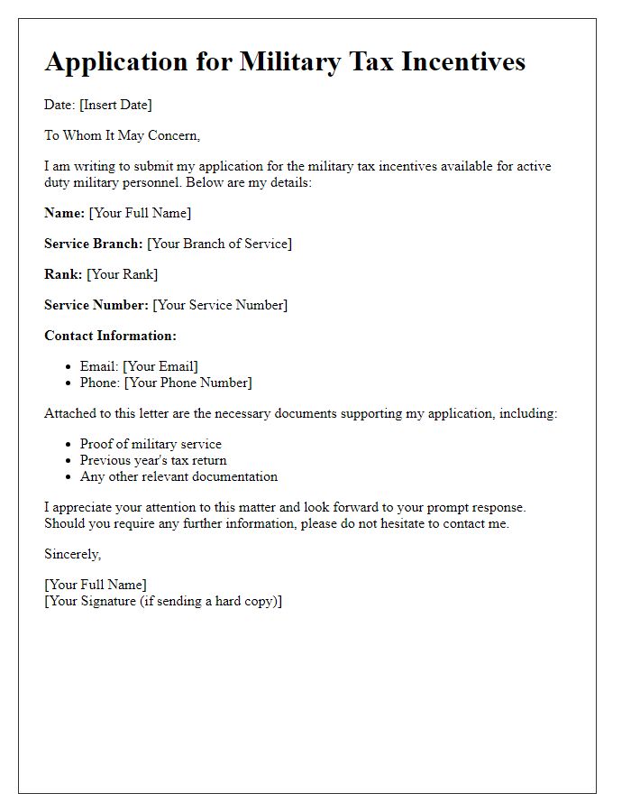 Letter template of form submission for military tax incentives