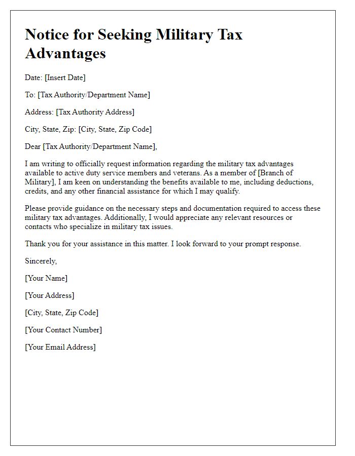 Letter template of notice for seeking military tax advantages