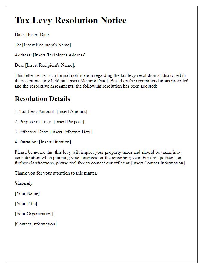 Letter template of tax levy resolution notice