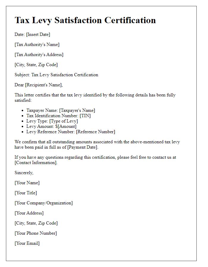 Letter template of tax levy satisfaction certification