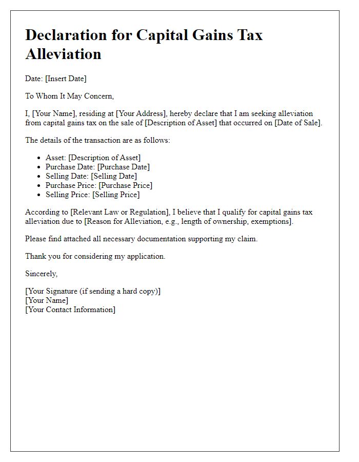 Letter template of declaration for capital gains tax alleviation