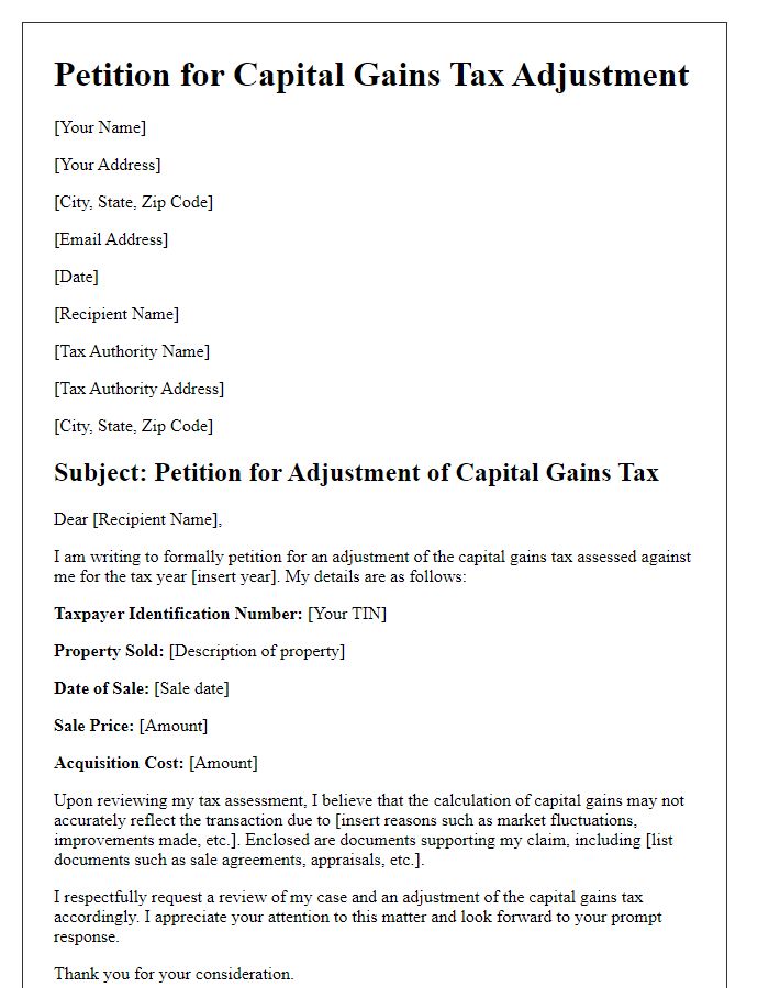 Letter template of petition for capital gains tax adjustment