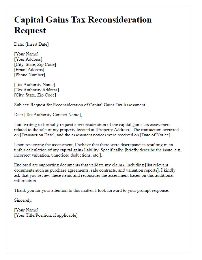 Letter template of representation for capital gains tax reconsideration