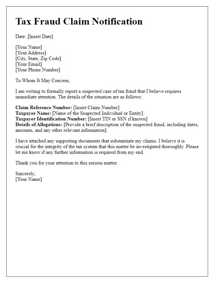 Letter template of communication concerning tax fraud claims.