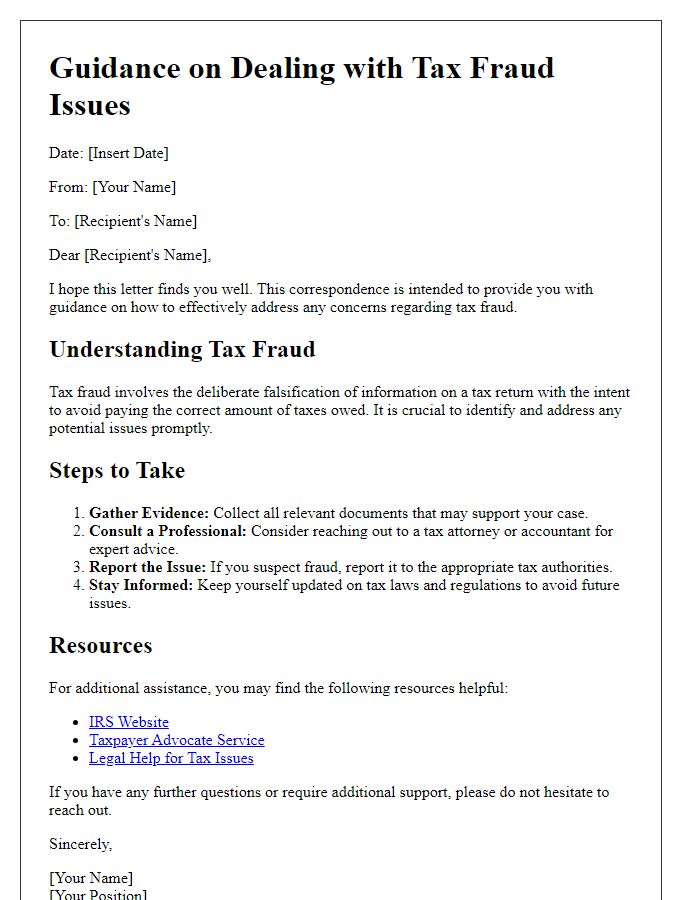 Letter template of guidance on dealing with tax fraud issues.