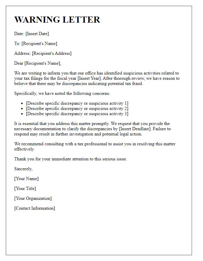 Letter template of warning regarding suspected tax fraud activities.