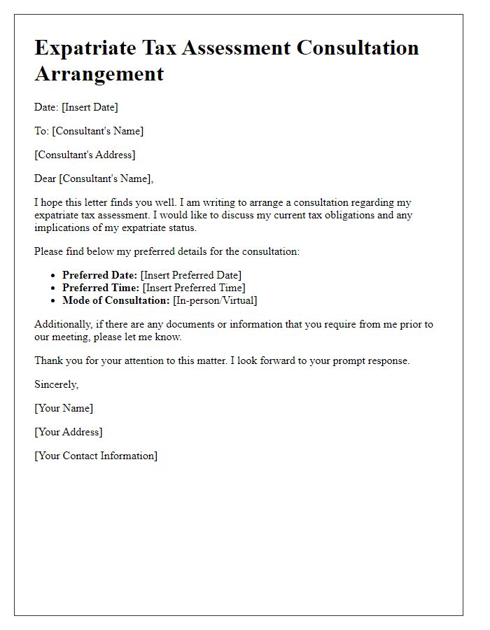 Letter template of expatriate tax assessment consultation arrangement.