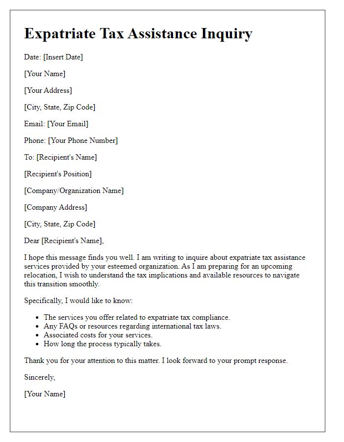 Letter template of expatriate tax assistance inquiry.