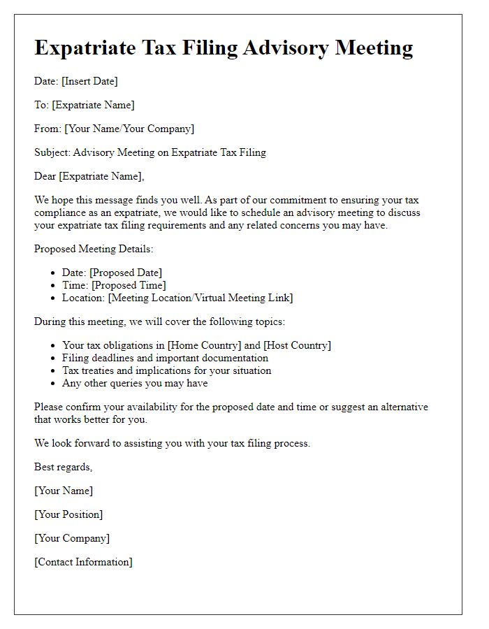 Letter template of expatriate tax filing advisory meeting.