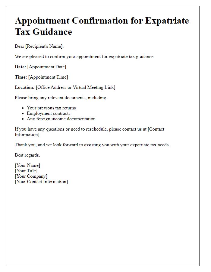 Letter template of expatriate tax guidance appointment scheduling.