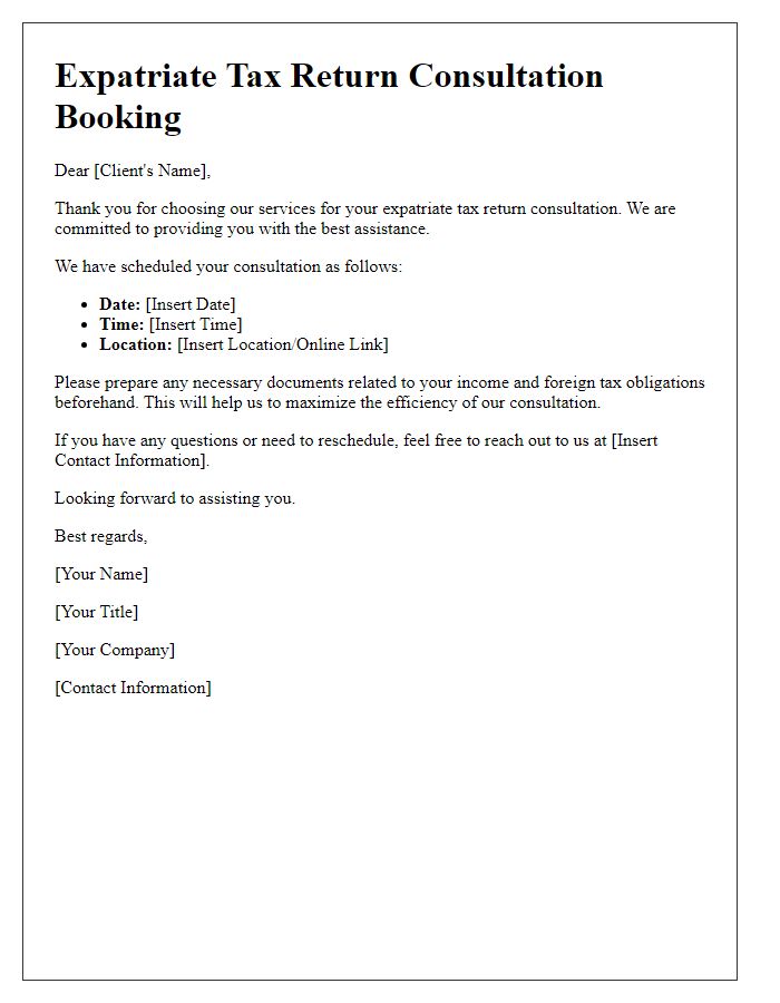 Letter template of expatriate tax return consultation booking.