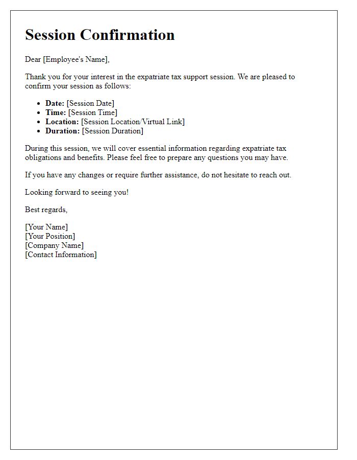 Letter template of expatriate tax support session confirmation.