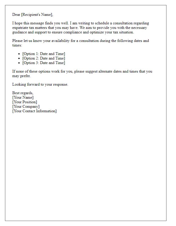 Letter template of scheduling an expatriate tax consultation.