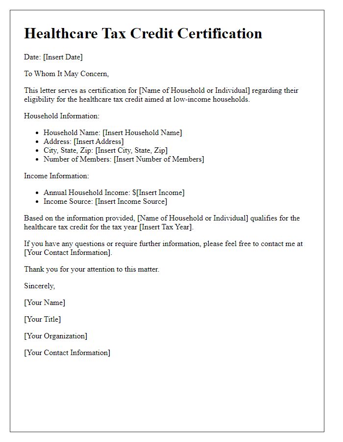 Letter template of healthcare tax credit certification for low-income households