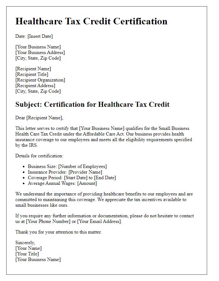 Letter template of healthcare tax credit certification for small businesses