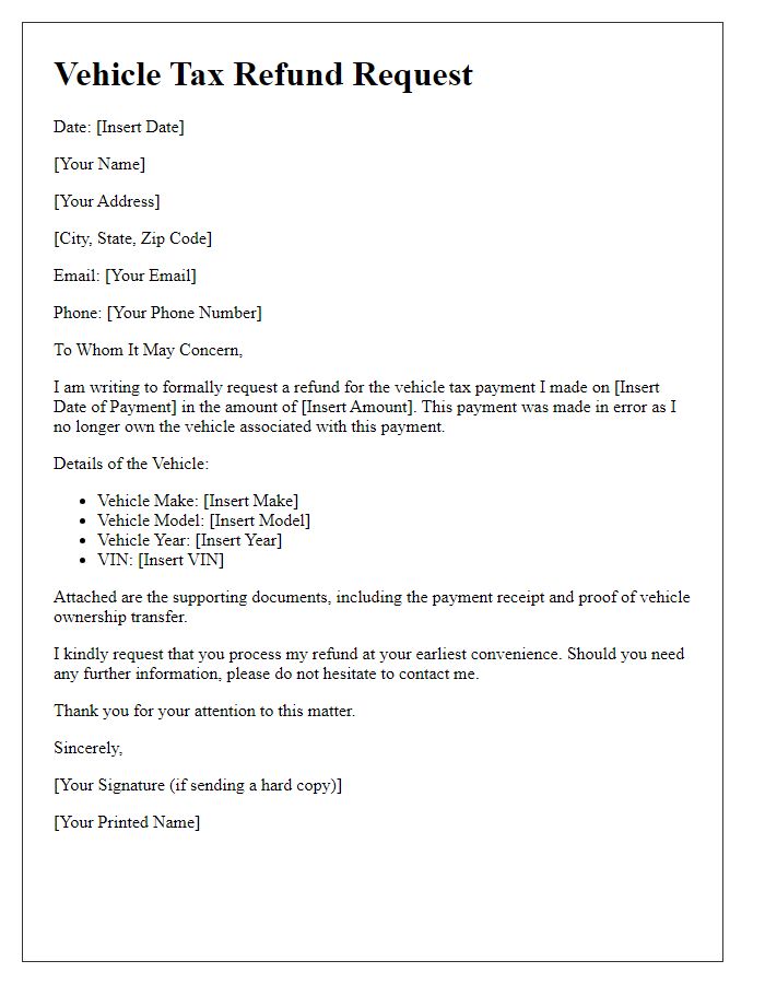 Letter template of vehicle tax refund request for accidental payments