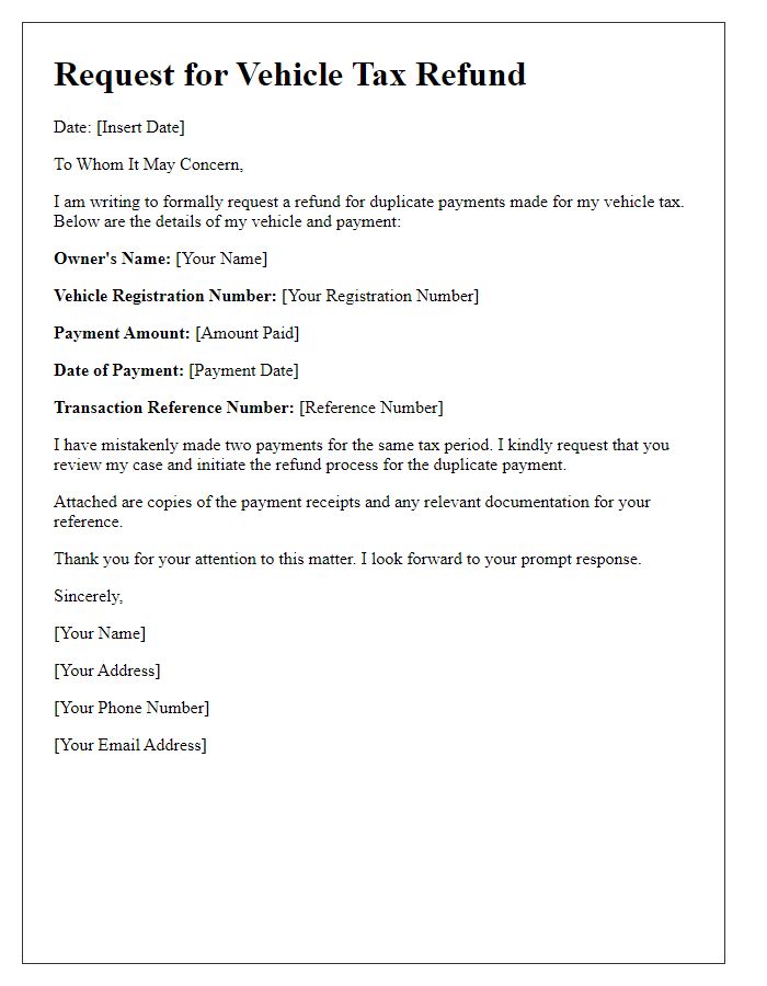 Letter template of vehicle tax refund request for duplicate payments