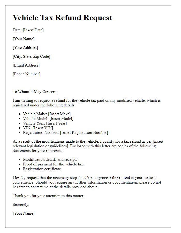 Letter template of vehicle tax refund request for modified vehicle claims