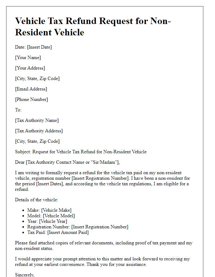 Letter template of vehicle tax refund request for non-resident vehicles