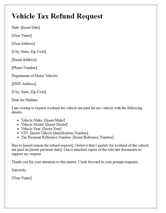 Letter template of vehicle tax refund request for postal mailing