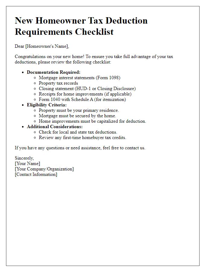 Letter template of checklist for new homeowner tax deduction requirements