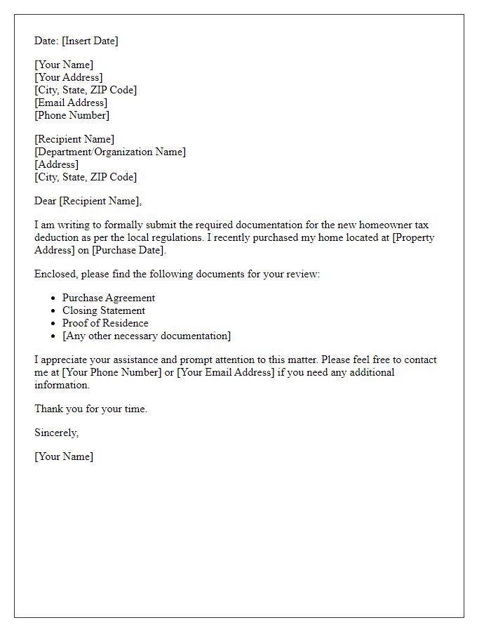 Letter template of documentation submission for new homeowner tax deduction