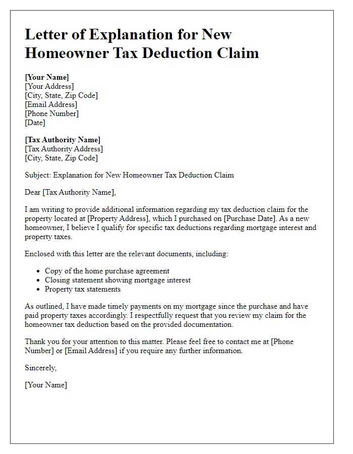 Letter template of explanation for new homeowner tax deduction claim