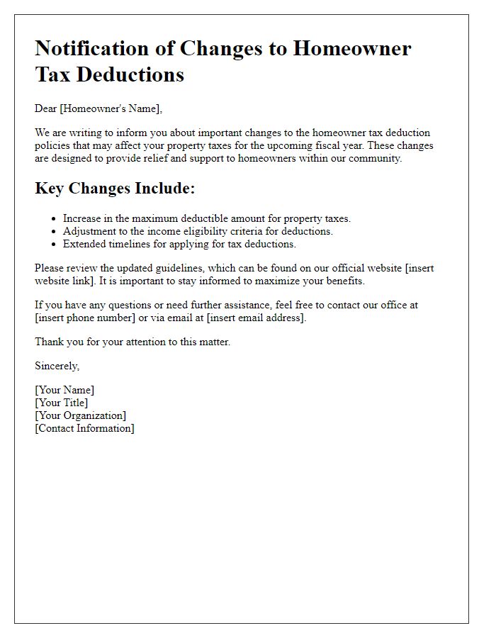 Letter template of notification about new homeowner tax deduction changes