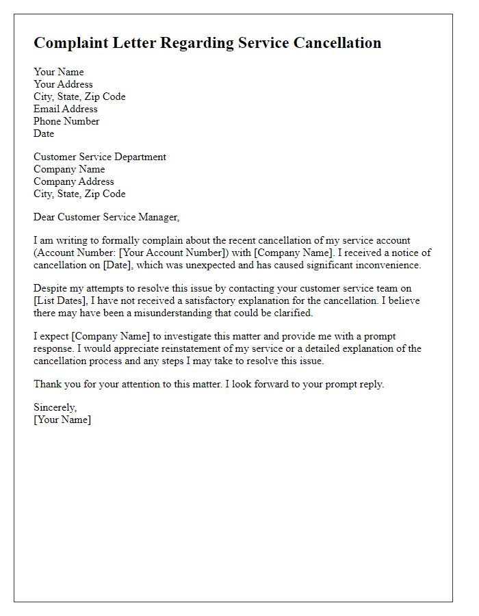 Letter template of complaint regarding service cancellation.