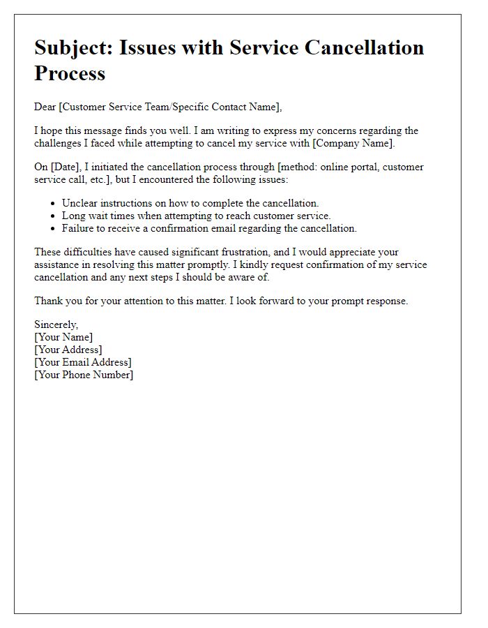 Letter template of issues with service cancellation process.