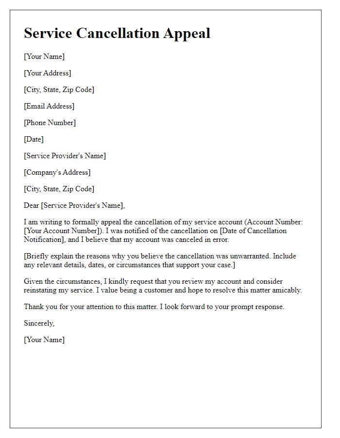 Letter template of service cancellation appeal.