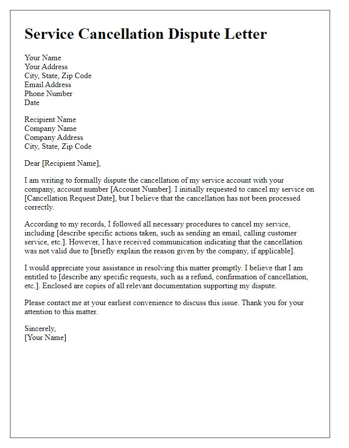 Letter template of service cancellation dispute.