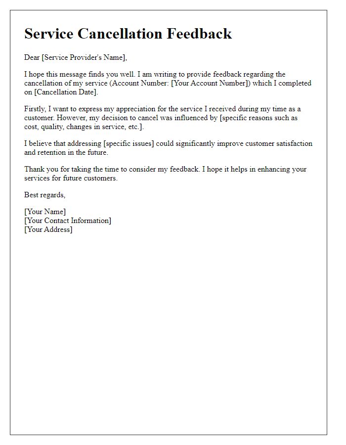 Letter template of service cancellation feedback.