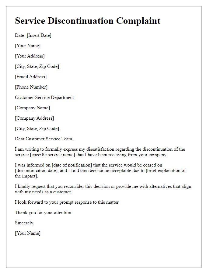 Letter template of service discontinuation complaint.