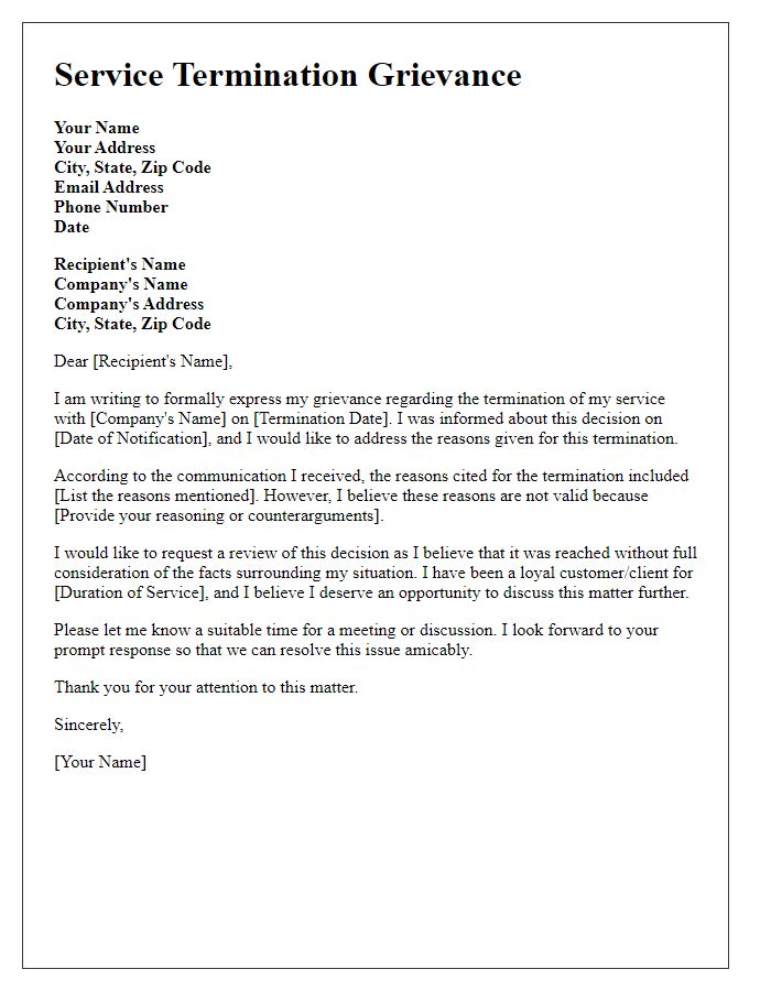 Letter template of service termination grievance.