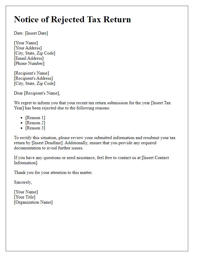 Letter template of notice for rejected tax return