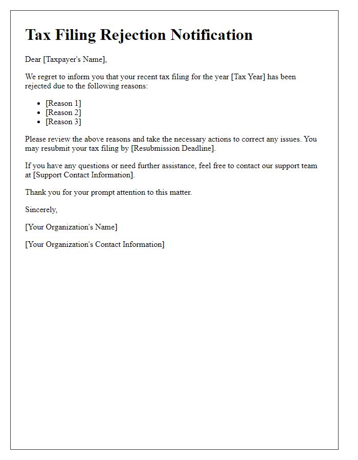 Letter template of tax filing rejection alert