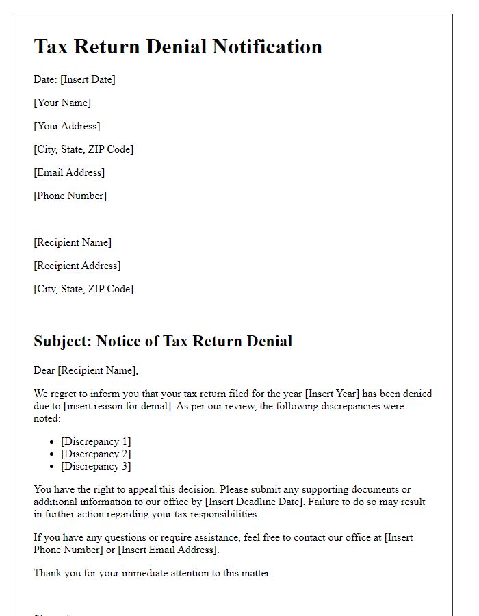 Letter template of tax return denial communication