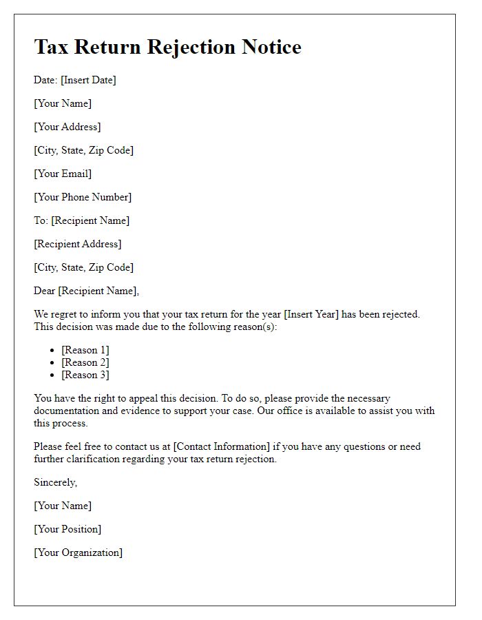 Letter template of tax return rejection notice
